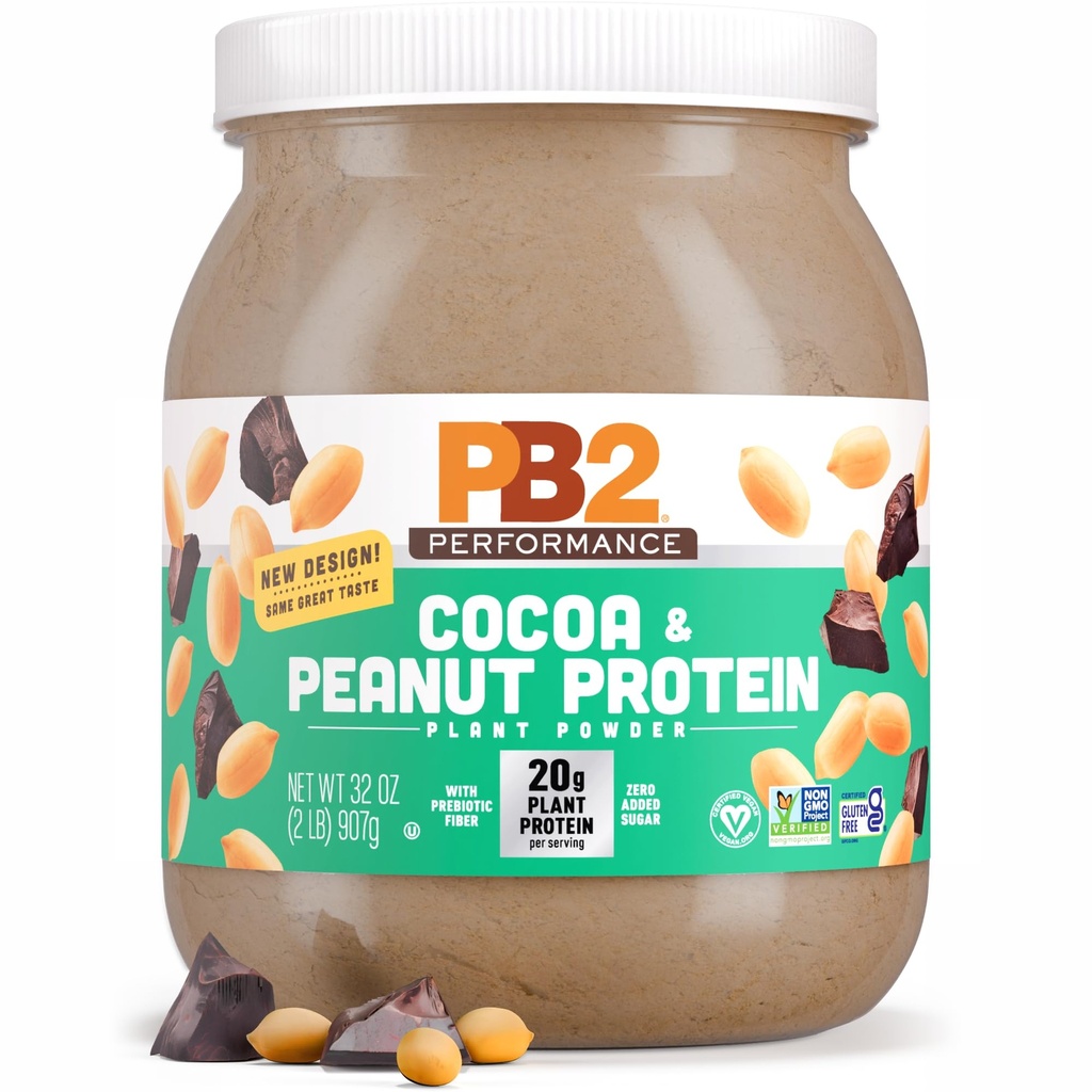 PB2 Performance Peanut Plant Based Vegan Protein Powder Building 124; 20g Complete Protein, No Added Sugar, Prebiotic Fiber Month 124; Dairy Free, Certified Vegan, Non-GMO, and gluten Free [Peanut with Dutch Cocoa, 2lb]
