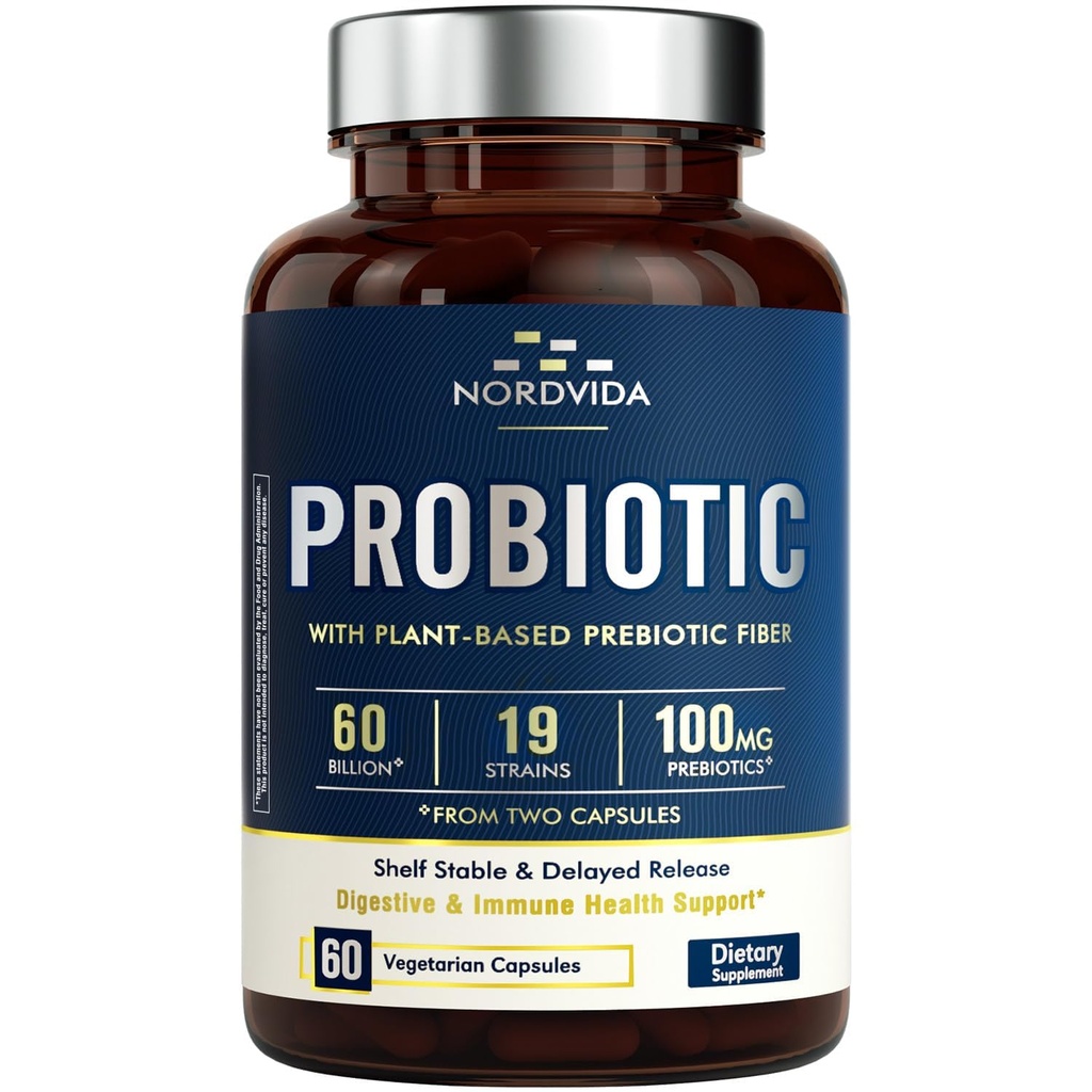 Probiotyk 60 Miliard 19 Szczepy z organicznym Prebiotykiem dla mężczyzn i kobiet, Digestive & Immune Health, Półka Stabilne opóźnione uwolnienie, Non-GMO No Dairy, 60 Wegan Czapki