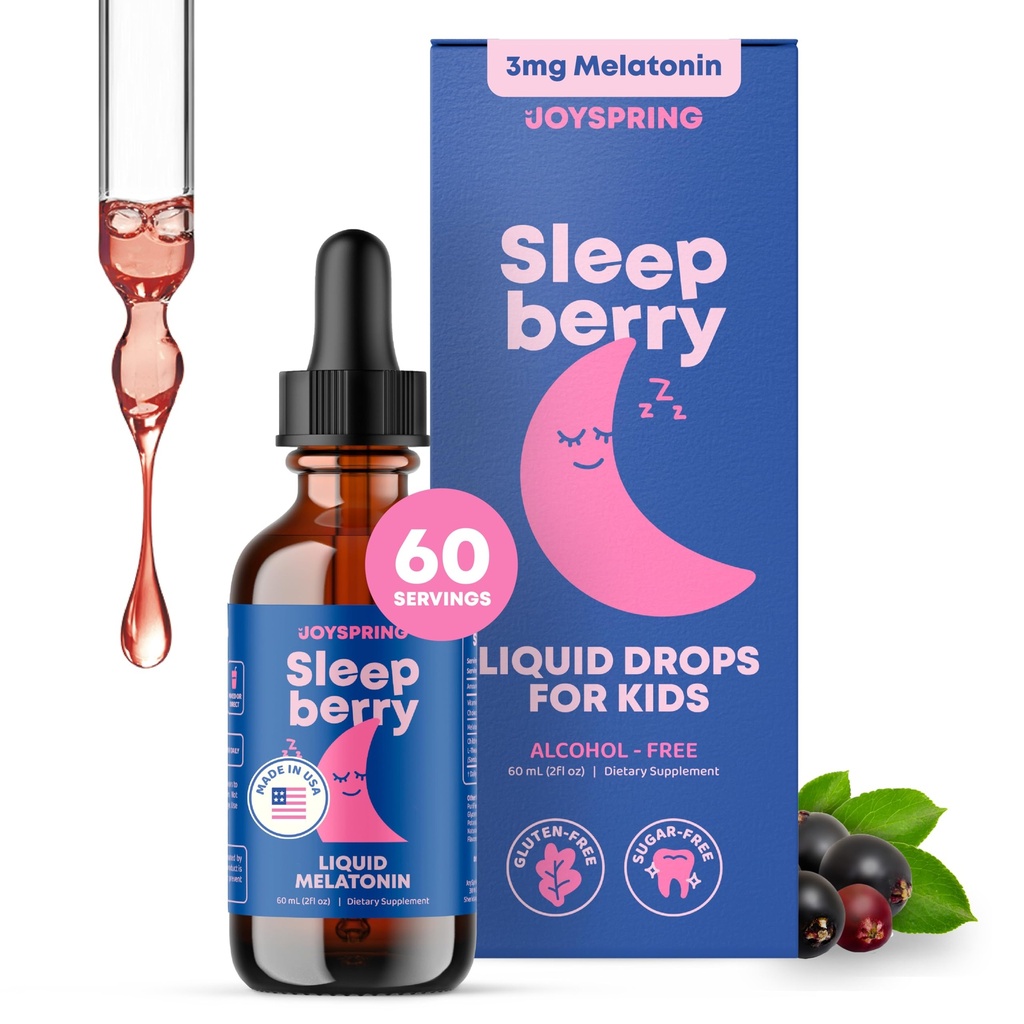JoySpring Sleepberry Kids Melatonin 3 mg - Liquid Sleep Aid with L Theanine, Wysoka Wchłanianie Berry Drops (2 fl oz) 60 Służenia, Melatonina dla dzieci z Witamina D Dzieci podróży Essentials