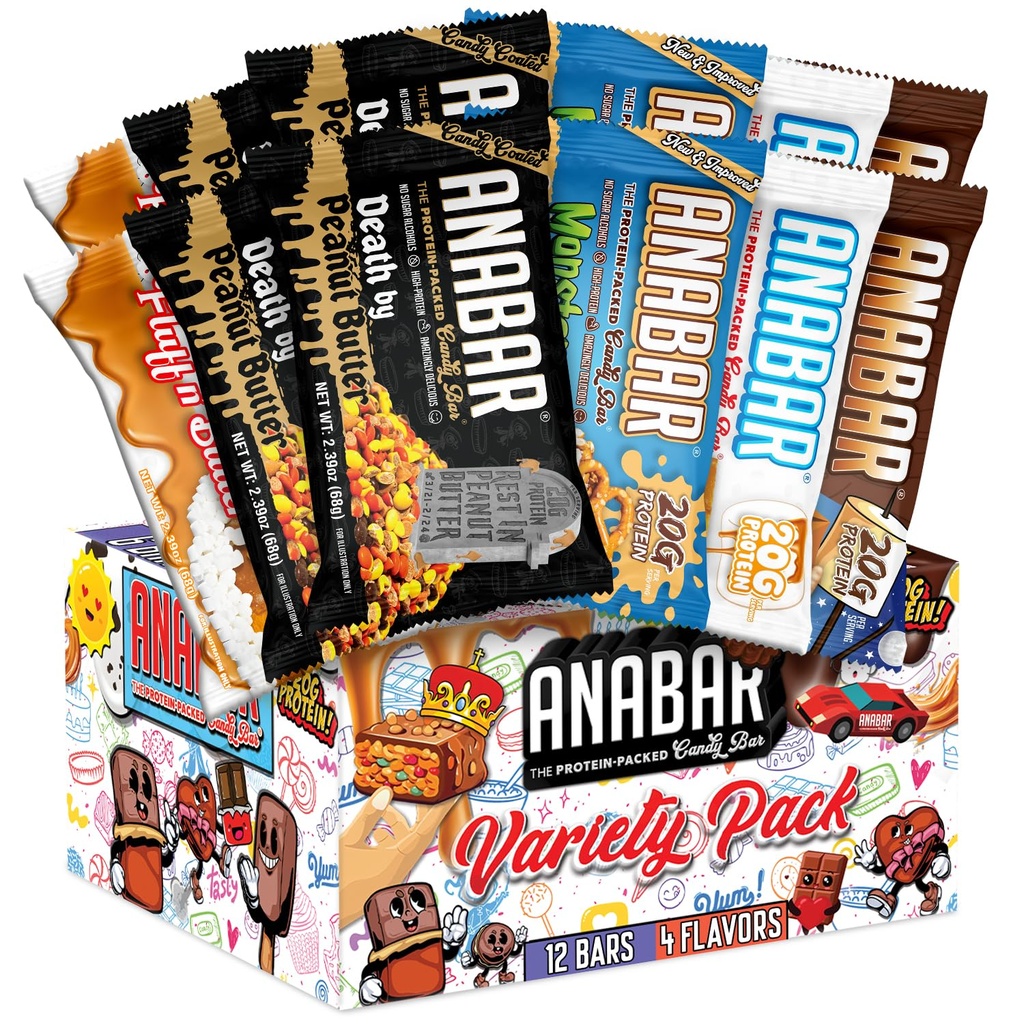 Anabar Protein, The Protein- Packed Candy Bar, Najlepszy na świecie Tasting Protein Bar, Brak alkoholu cukrowego, Wysokie białka, zadziwiająco pyszne, 20 Grams of Protein (12 Barów, Variety Pack)