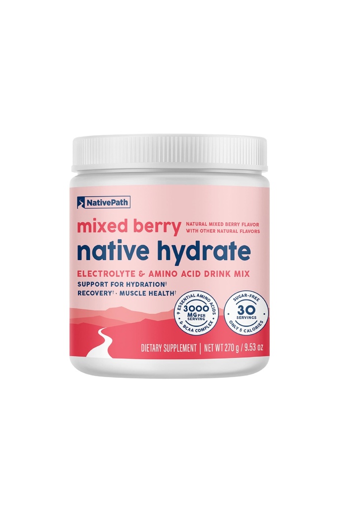NativePath Hydrate, Zero Sugar, Electrolytes Powder with BCAA, Mieszany Hydration Berry, Keto & Paleo Friendly, 30 Służenia