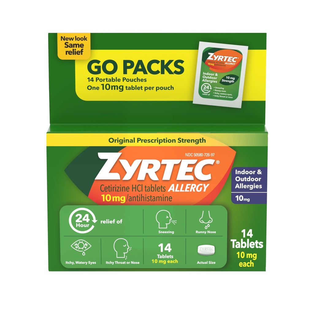 Zyrtec 24 Hour Allergy Relief Tablets, Antihistamine Indoor & Outdoor Anti Allergy Medicine + Cetirizine HCl, Relief from Runny Nose, Sneezing, & Itchy Eyes, Pojedyncze opakowania, 14 x 1 ct Pakiety