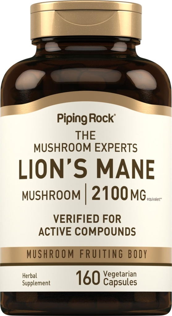 Piping Rock Lions Mane Mushroom Supplement Supplement 124; 2100mg Supplement 124; 160 Kapsułki Supples 124; Ekstrakt dla kobiet i mężczyzn 124; Wegetarianin, Nie GMO & Gluten Free
