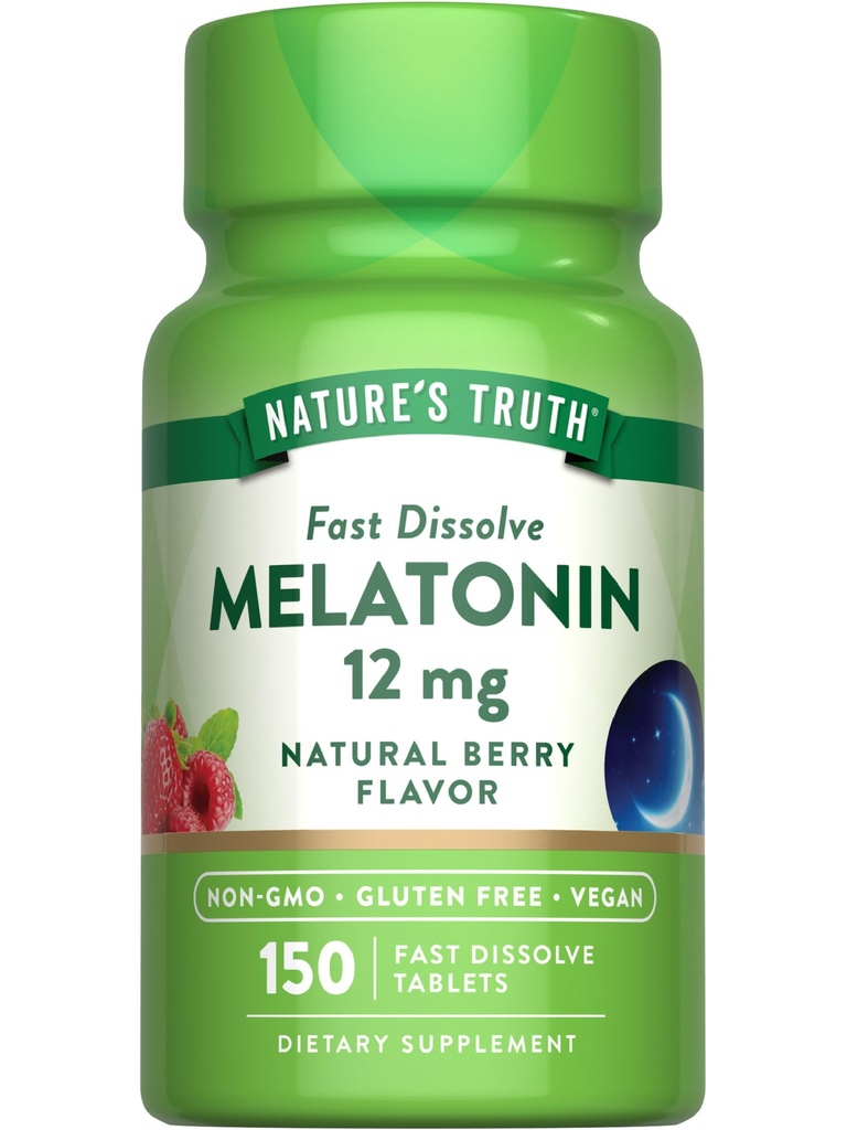Nature's Truth Melatonin 12 mg | 150 Tablets | Quick Dissolve | Natural Berry Flavor | Vegan, Non-GMO & Gluten Free Supplement for Adults