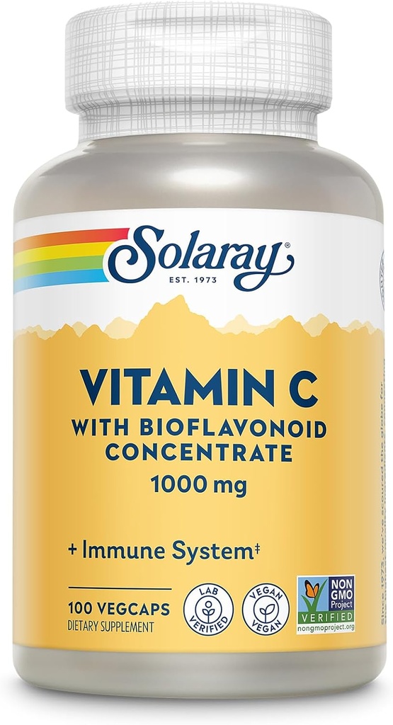 SOLARAY Witamina C 1000mg z bioflawonoidami Koncentrat - Witamina C Kapsułki z Rose HIPS i Acerola Cherry - Przeciwutleniacz, Heart Health i suplement wsparcia immunologicznego, Wegan, Non-GMO, 100 Służenie