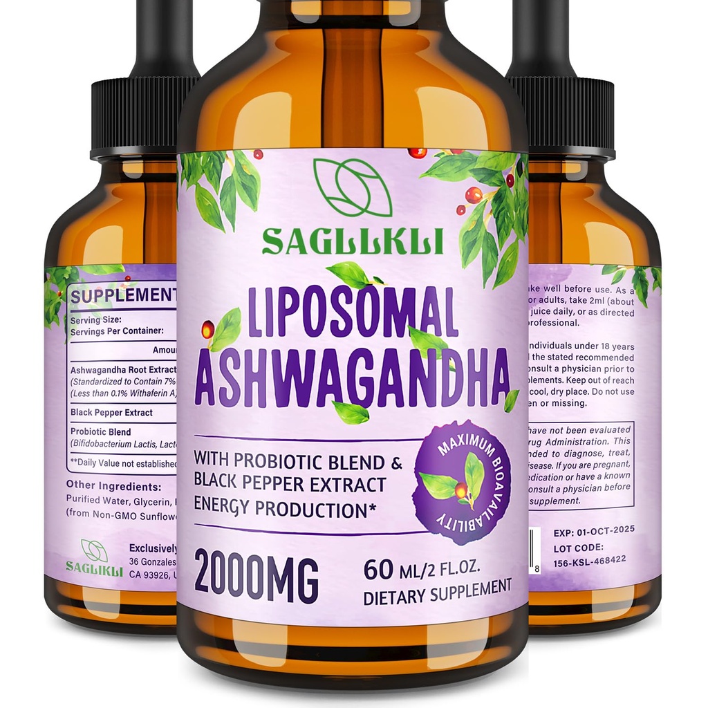 Liposomal Ashwagandha Liquid Drops 2000mg, Ashwagandha Root Extract Supplement (7% Withanolides) with Black Pepper Extract & Probiotics for Focus, Cognition & Energy - 2 FL.OZ (1 butelka)