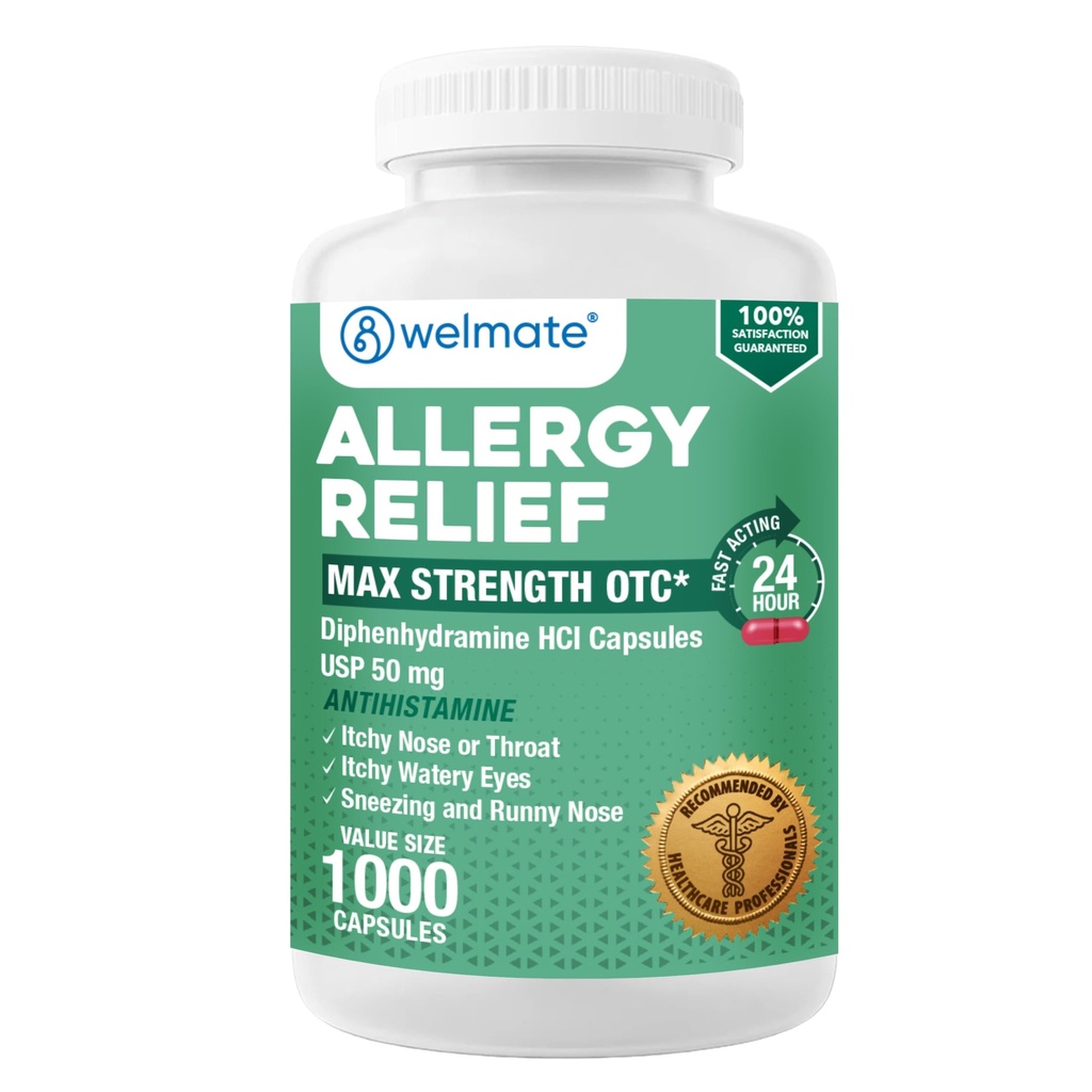 WELMATE Alergia Relief - Difenhydramina 50 mg - 1000 Kapsułki Count - Antyhistamina - Alergia & Zimne objawy - Kichanie, Biegnący nos, swędzące oczy & Gardło