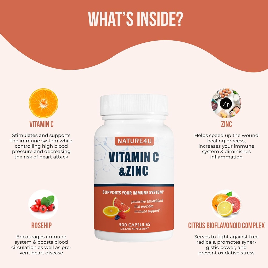 Witamina C 1000mg z cynku, Rose HIPS i Citrus Bioflavonoids, Suplement immunologiczny Antyoksydanty Ochrona, 300 Kapsułki