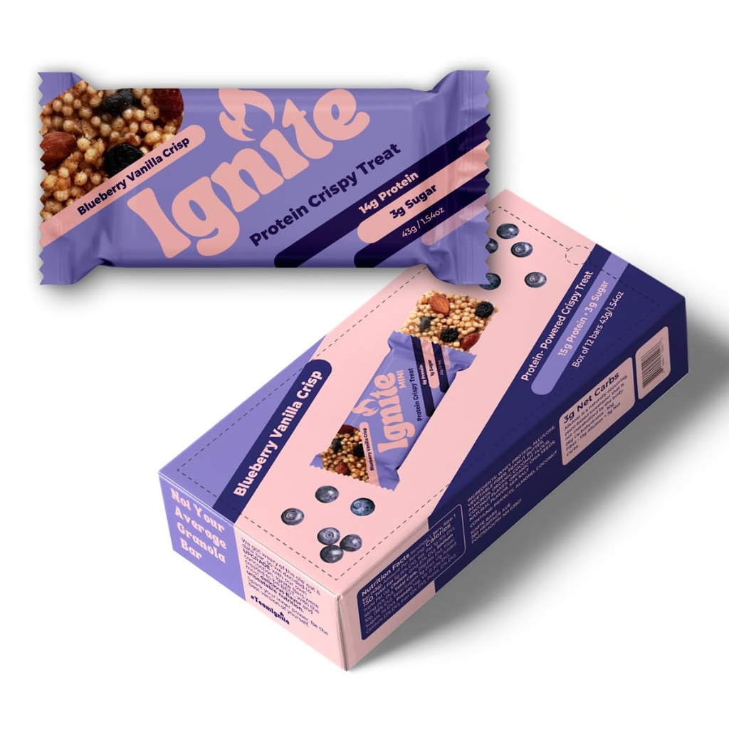 Ignite Bars Crispy Keto Rice Treat - Wysokie białko, niski cukier i niskokaloryczne przekąski - Bezwładniająca żywność i włókniste bary dla zdrowych dorosłych (Blueberry Vanilla Almond)