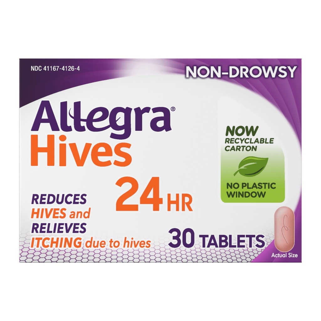 Allegra Hives Antihistamine 24- godzinne tabletki, non-Drowsy Hive Reduction and Hive Itch Relief, 180 mg Fexofenadyna HCI, 30- Count