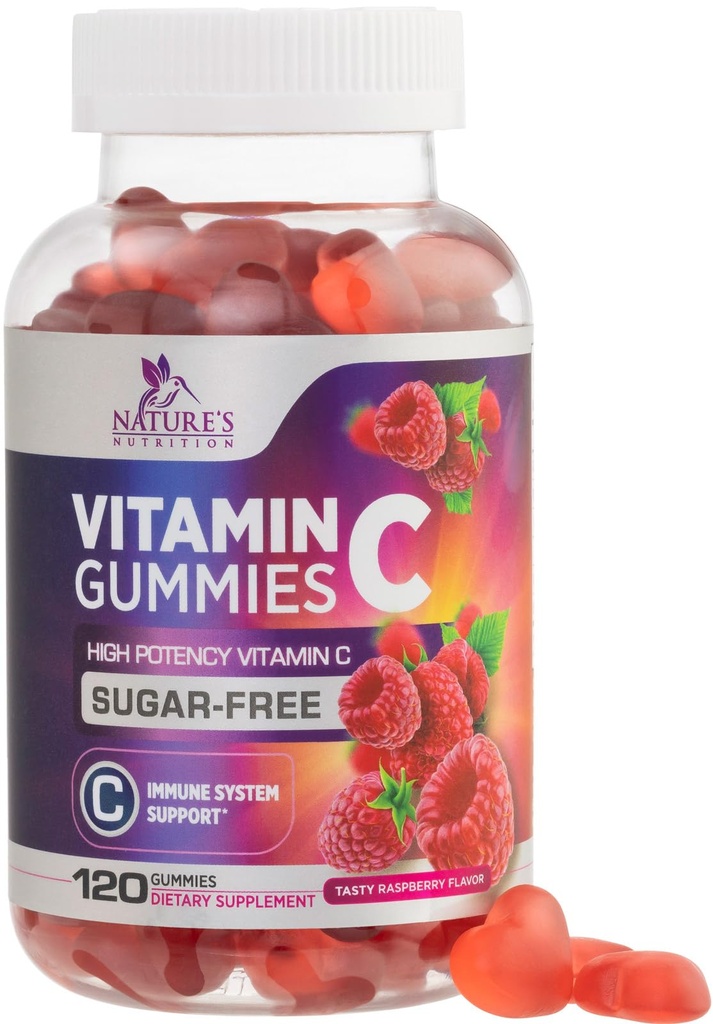 Zero Sugar Vitamin C Gummies - Immune Support & Antioxidant VitaminC Dietary Supplement - Vegan, Non-GMO, Dairy & Gluten Free C Vitamin Gummy - Raspberry Flavor for Kids & Adults - 120 Count Gummies