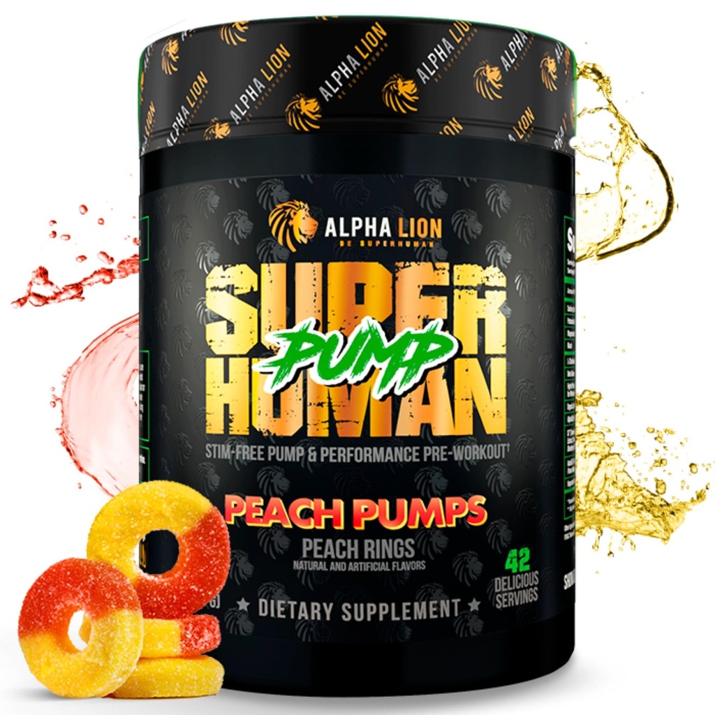 ALPHA LION Superhuman Pompa przed treningiem Proszek, Kofeina nootropowa i Stim Free Precuting Supplement, Nitric Oxide Booster, Muscle Gainer, Energy & Focus (42 Słupki, Peach Pomps Flavor)