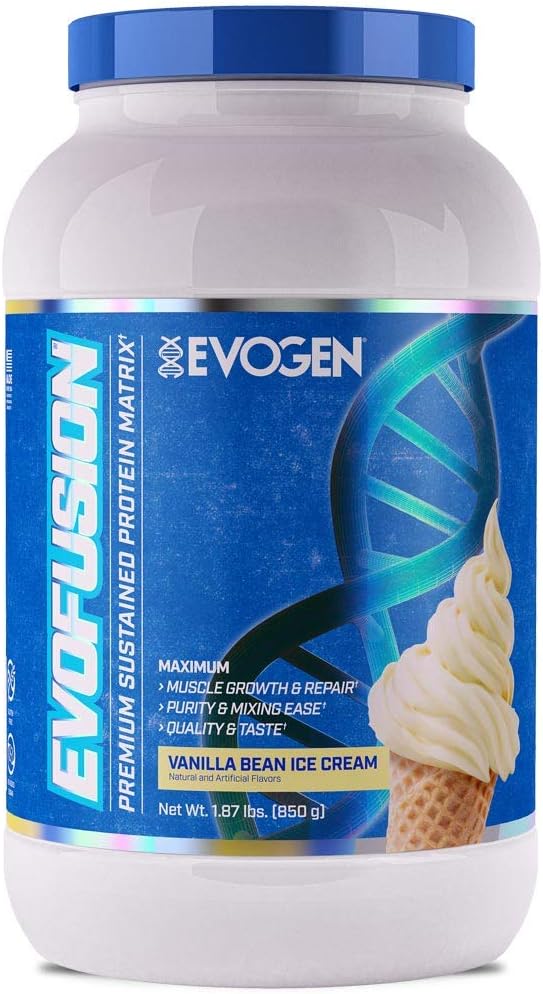 Evogen Evosfusion - Trwały proszek proteinowy 124; Wspiera wzrost i naprawa mięśni 124; Białko serwatki, Kazeina mikrokrystaliczna, MCT olej 124; Wanilia Fasola lody 124; 25 Służenie