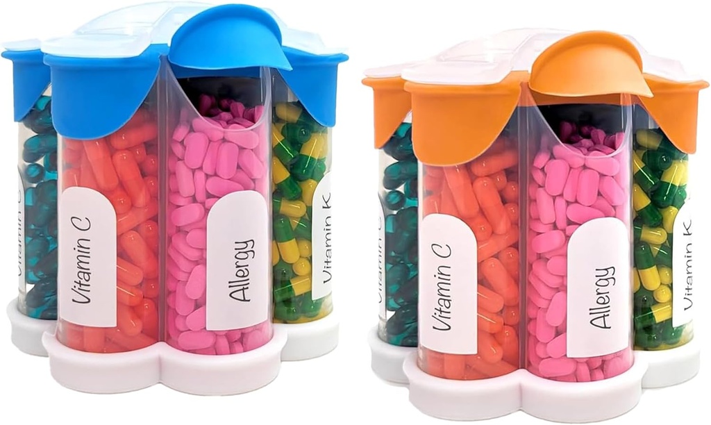 Ekstra duży Pill Organizator Codziennie, Tygodniowy, Miesięczny Suplement Butelka, Cute Blossom Pill Dispenser z 7 XL Komory (2 Pack Combo) (Jasnoniebieski i pomarańczowy)