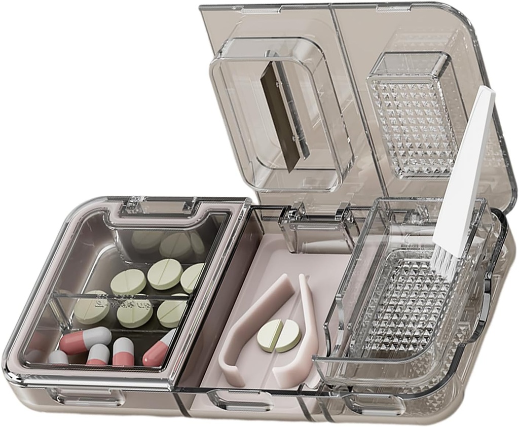 CFMOUR 3- in-1 Pill Cutter Splitter dla małych lub małych dużych pigułek, Szlifierka kruszarka z proszkową szczotką Grind tablets, Pill Carrier for Storage Pills, Mills dla osób starszych, Dzieci i zwierzęta domowe, Czarny