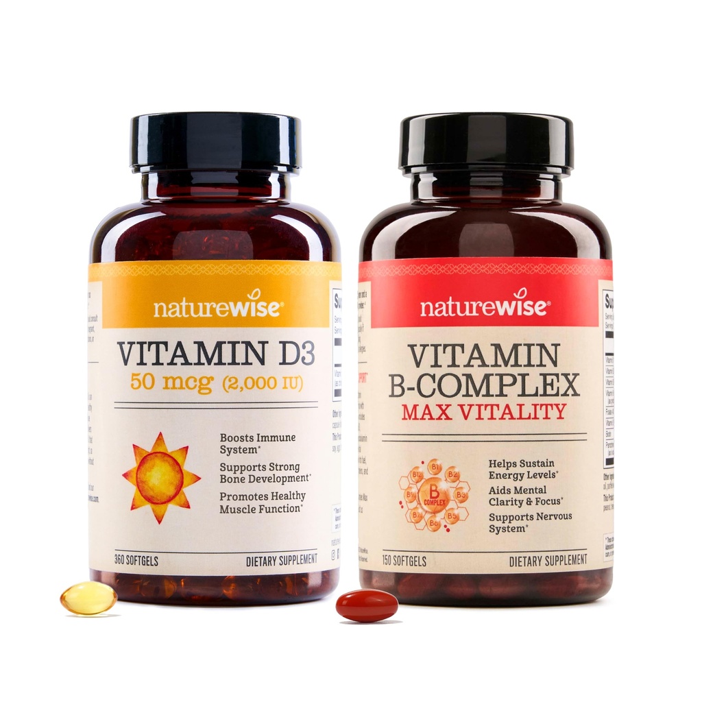 NatureWise Witamina D3 2000iu 360 Liczba i witamina B Kompleks 150 Softgels - Zdrowe funkcje mięśni, Wsparcie immunologiczne, Energia komórkowa, Klarowność mentalna