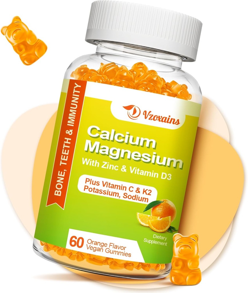 Wysoka absorpcja Gummies wapnia, Suplement Magnezu wapnia bez cukru z witaminy potasu D3 dla mężczyzn i kobiet - Wegan, Pomarańczowy Flavor 60 Cts