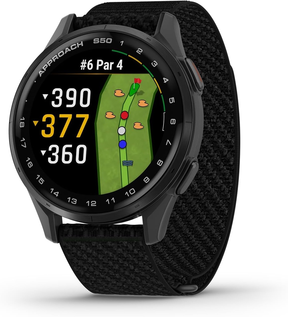 Garmin Approach ® S50, Advanced Golf GPS Smartwatch, AMOLED Display, Funkcje kursu, Oparte na nadgarstkach Heart Rate, Slate Aluminium Bezel z Black ComfortFit Nylon Band