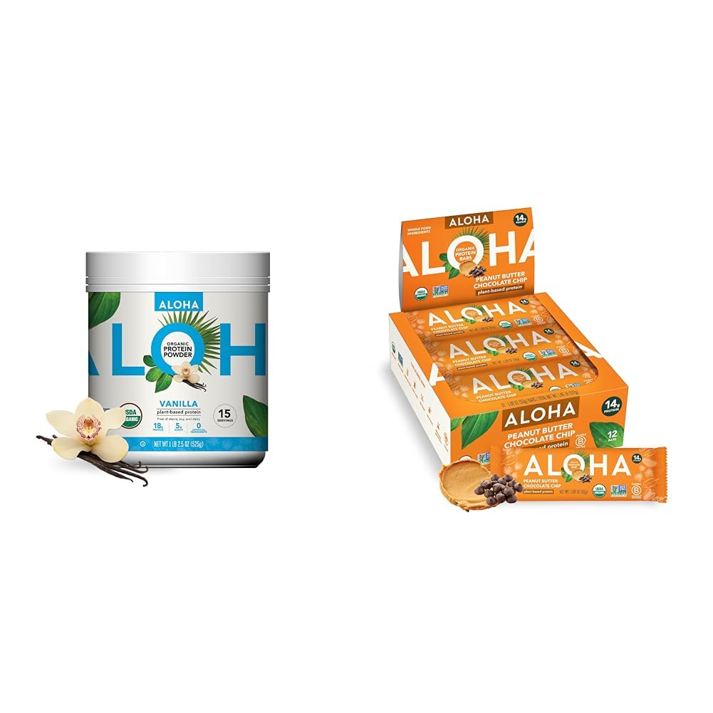 ALOHA Organic Plant- Based Protein Powder Vanilla 19.6oz, Beczka białka Masło orzechowe Czekoladowy Chip 1.98oz Opakowanie 12 Bundle