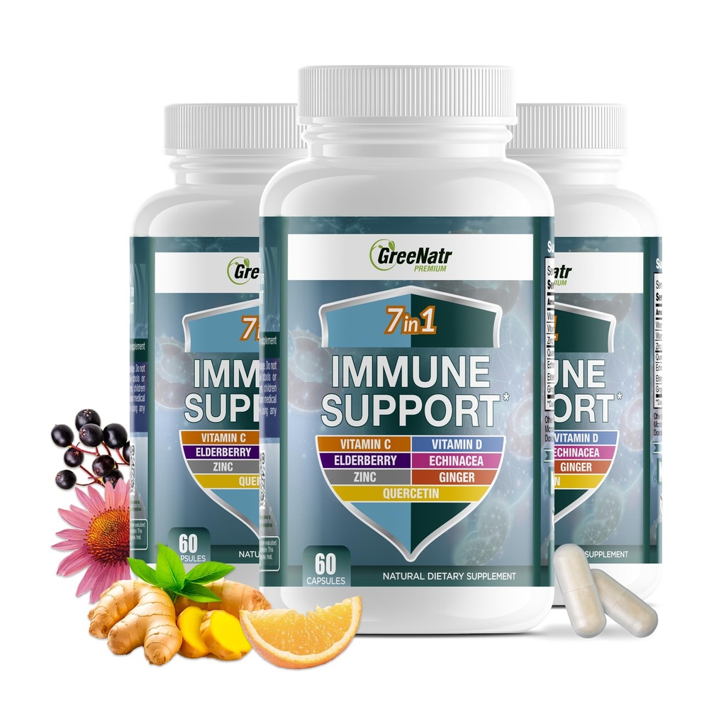 GreeNatr suplement wsparcia immunologicznego z witaminą C, D3, cynku 50mg, Quercetin, Echinacea Purpurea, Sambucus Elderberry i Ginger do całkowitej obrony immunologicznej - 60 kapsułek (3 butelki)