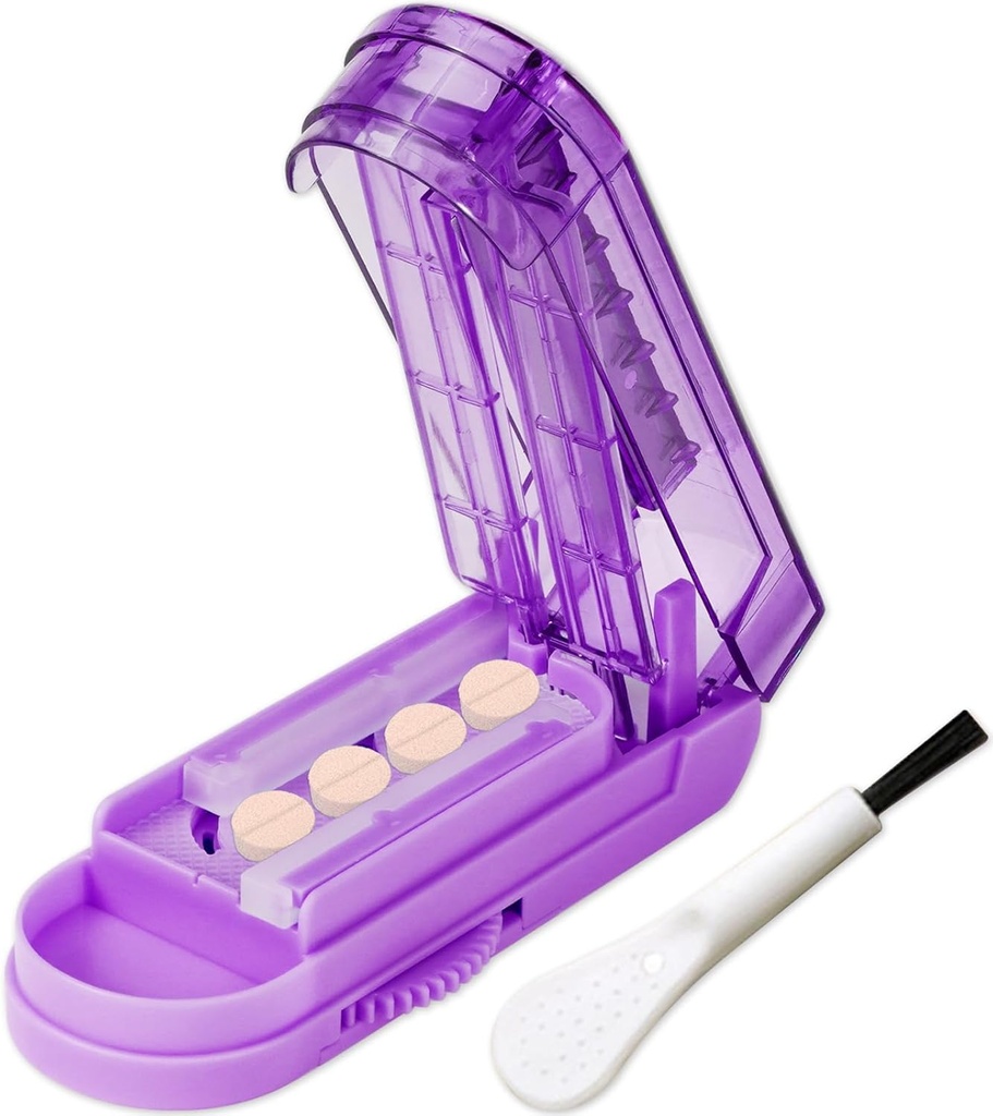 JohnBee Pill Cutter Splitter dla małych i małych pigułek. Regulowany Pill Splitter dokładnie wycina wiele tabletek na raz. Sharp Blade z Safety Guard. Non- Slip Silicone Edge (Dark Purple)