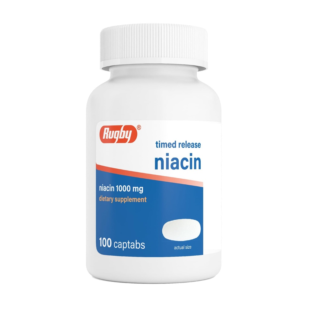 Rugby Timed- Release Niacin 1000mg Suplement diety dla dorosłych w zakresie energii, krążenia i wsparcia metabolizmu, 100 kapsułek (opakowanie po 1)