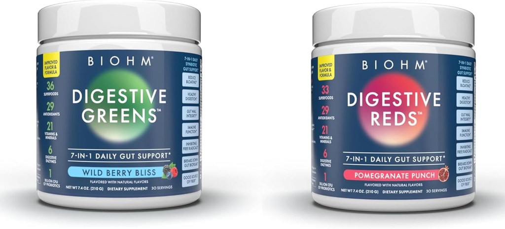 BIOHM Esential Bundle, Digestive Reds and Greens, Superfood Powder, Antyutleniacze, Witaminy, Probiotyki, Digestive Health for Men and Women, Suplement do trawienia z enzymami, 30 Sług każdy