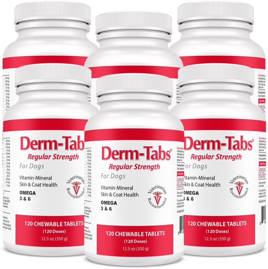 Derm Tabs Regularne Siła dla psów - Naturalny olej, Witaminy, Minerały i Przeciwutleniacze - Wsparcie Zdrowa Skóra i Redukcja Łuszczenie - 720 Tabletki do żucia