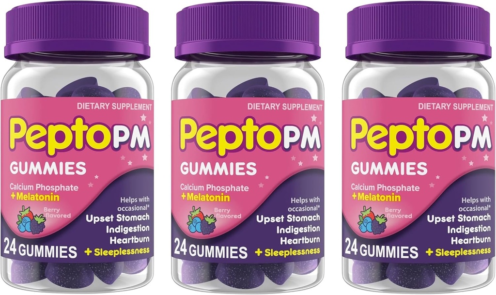 Pepto PM Gummies z Melatonin do wspomagania snu, Szybkie i skuteczne odchudzanie z Heartburn, Niestrawność, Zdenerwowany żołądka i bezsenności - Berry Flavor, 24 Ct (Opakowanie 3)