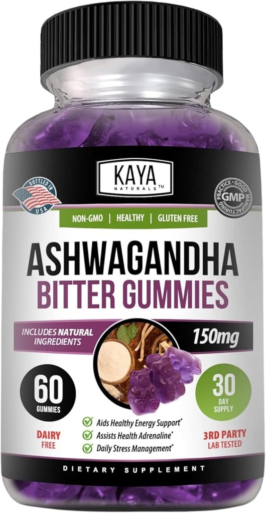Kaya Naturals Ashwagandha Bitter Gummies - Naturalna ulga stresowa, boost energy & mental Clarity, Non-GMO, Gluten- Free, Gummies do żucia - 60 Count