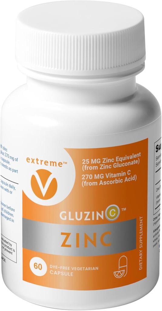 GluzinC Zinc & Vitamin C Supplement | 25 mg Zinc Gluconate + 270 mg Ascorbic Acid | Daily Immune Nutrients | 60 Veg Caps