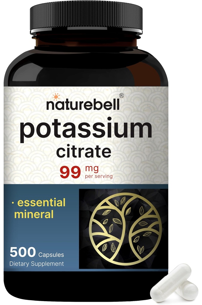 Suplement potasu cytrynian 99mg, 500 Kapsułki 124; Łatwo Absorbowany Chelated Form - Esential Mineral Electrolyte Balance - Wspiera mięśnie, kości, & Heart Health - Non-GMO