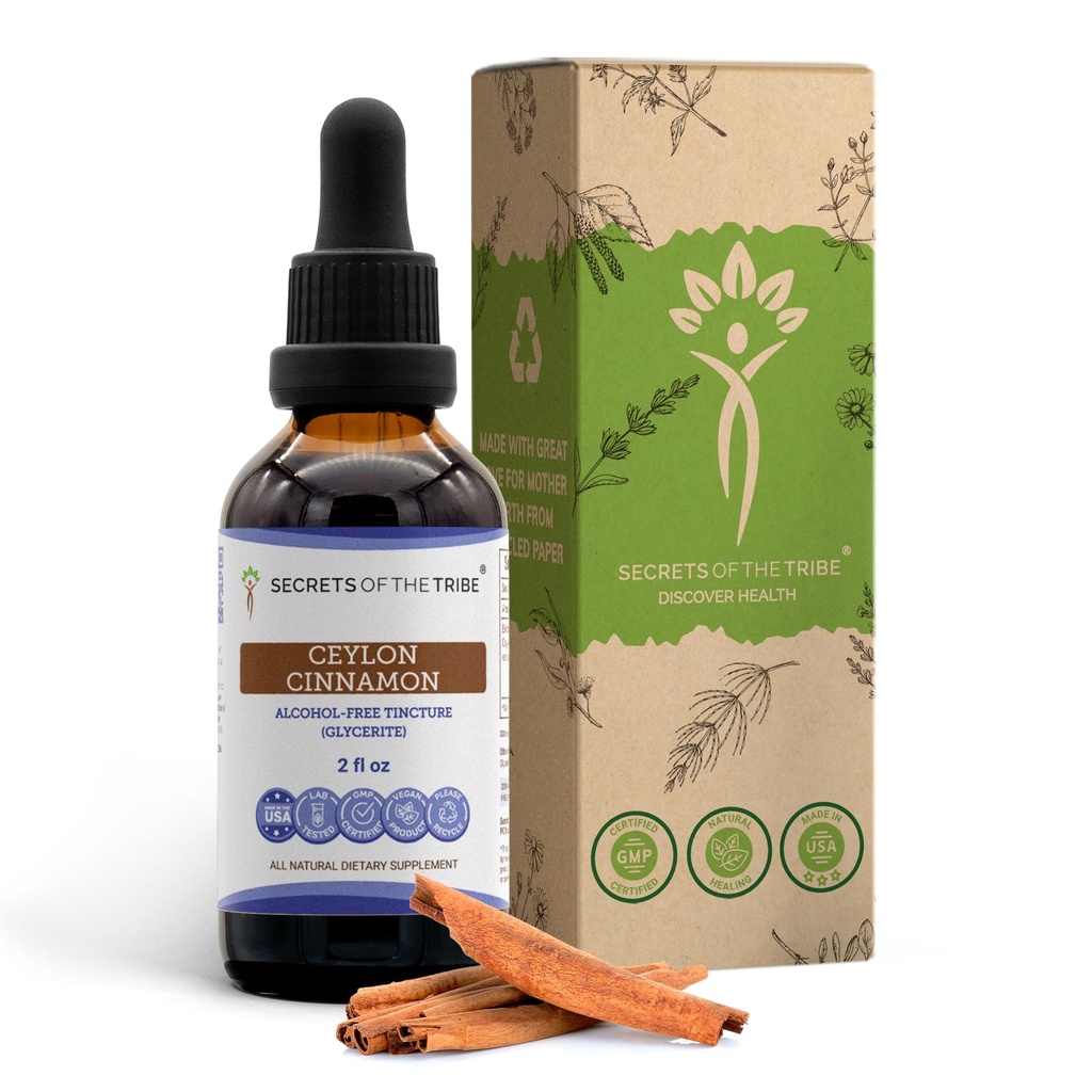 Sekrety Tribe Ceylon Cynamon Tincture Free Alcohol Liquid Extract, Ceylon Cynamon (Cinnamomum Verum) Suszony Bark (2 FL OZ)