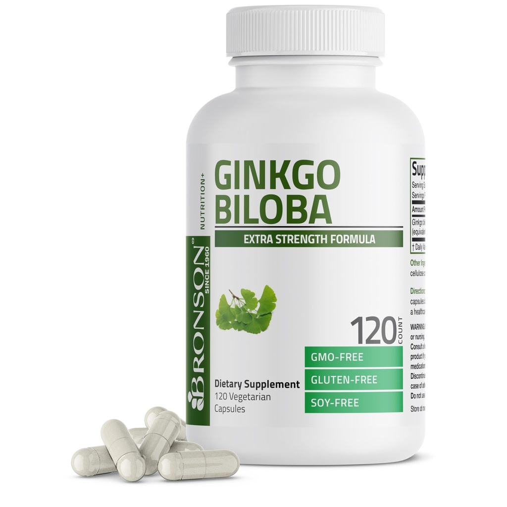 Bronson Ginkgo Biloba Dodatkowa siła Wspomaga funkcje mózgu i wsparcie pamięci, 120 Kapsułki wegetariańskie