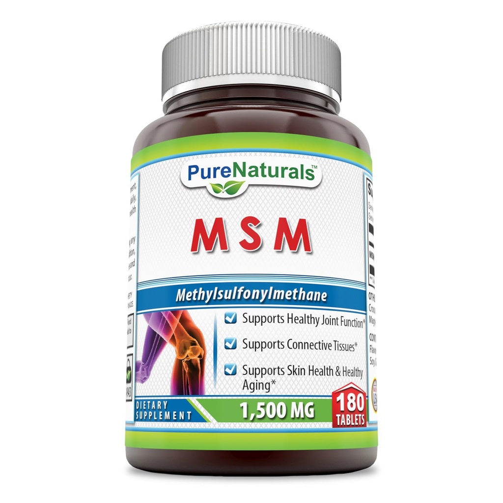 Pure Naturals MSM (Methylphalcan metan) Supplement ETAP 124; 1500 Mg Per Serving ETAP 124; 180 Tablets ETAP 124; Non-GMO ETAP 124; Gluten- Free ETAP 124; Made in USA