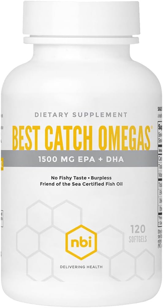 NBI Best Catch Omegas High Potency Omega-3 Omega04; EPA + DHA for Heart, Brain Support Department 124; Best Absorption Description 124; Sustainable Sourced Description 124; Burpless Formula Description 124; Natural Lemon Scent Description 124; 120 Softgel kapsułki