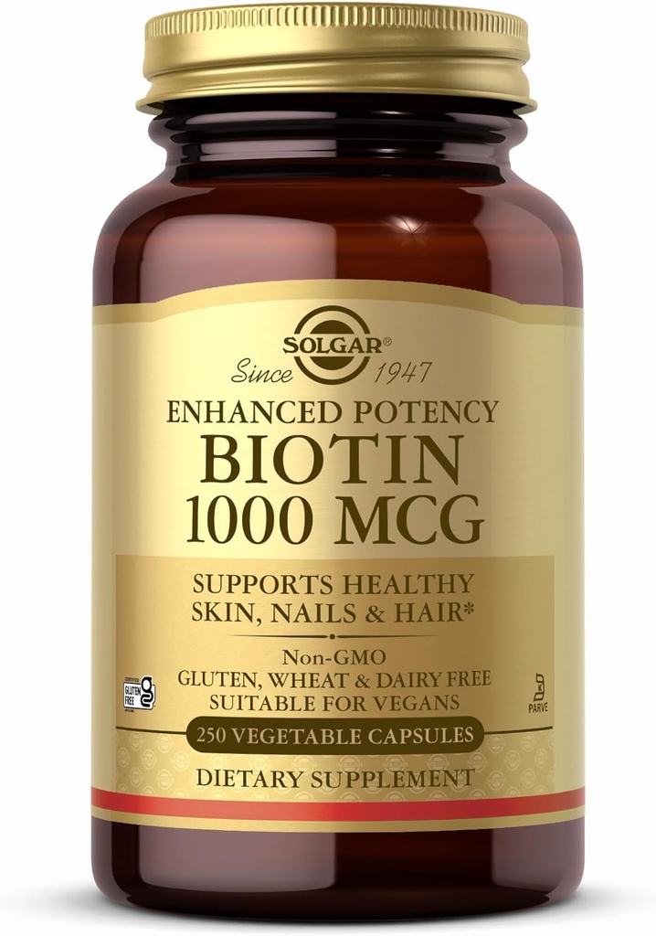 Solgar Biotin 1000 mcg - 250 Kapsułki wegetatywne - Podtrzymuje zdrową skórę, paznokcie i włosy - Non-GMO, Wegan, Gluten Free, Nabiał Free, Kosher - 250 Służb