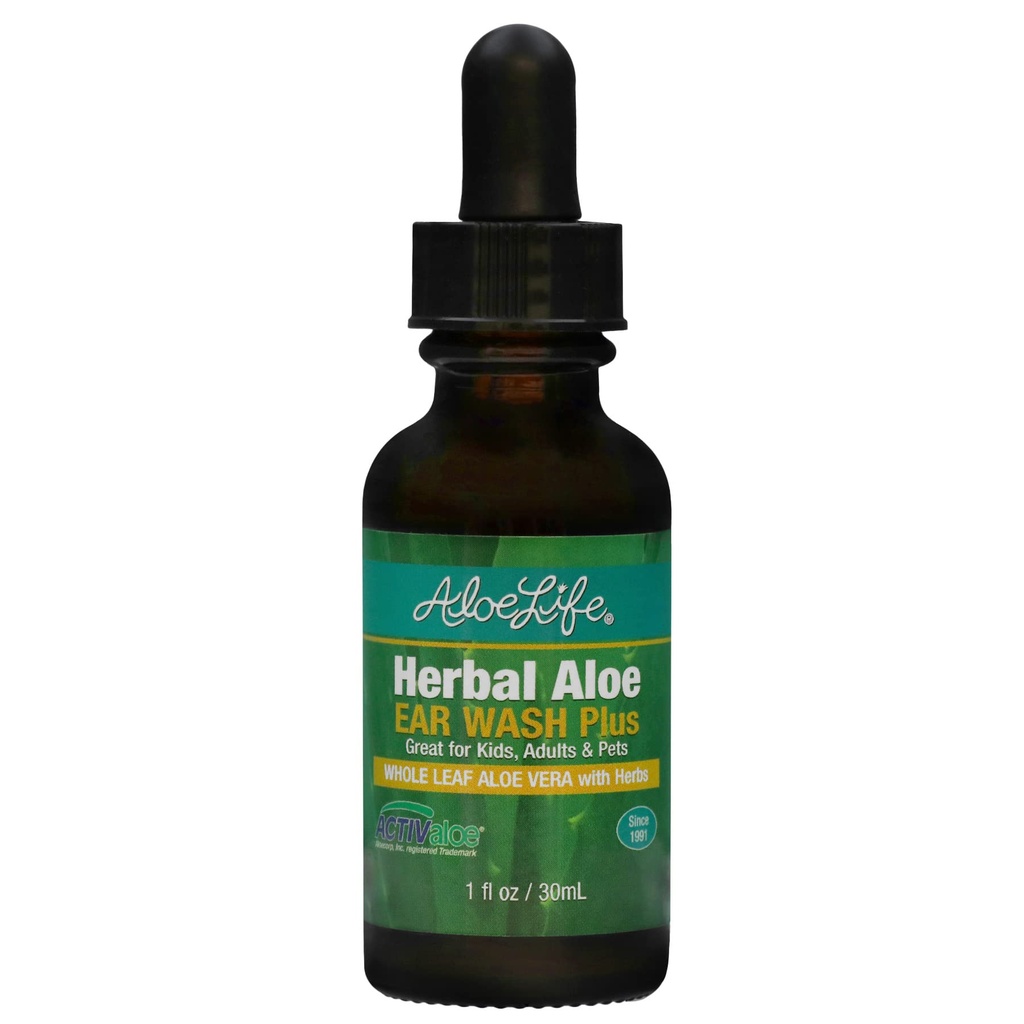 Aloe Life - Herbal Aloe Ear Wash Plus, Zapewnia łagodzenie podrażnień ucha, Swimmer 's Ear, Discomfort & Itchy Ears, Whole Leaf Aloe Vera z ziołami, Safe for Animals, Obejmuje kroplomierzem (1 oz)