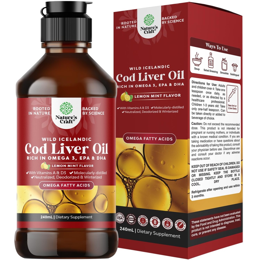 Islandzki Wild Caught Liver Oil Liquid - Fish Oil Drops with Omega 3, EPA, DHA, Witamina D & A - Liquid Cod Liver Supplement for Heart, Joint, Brain & Immune Support - 240 ml (8 unce)