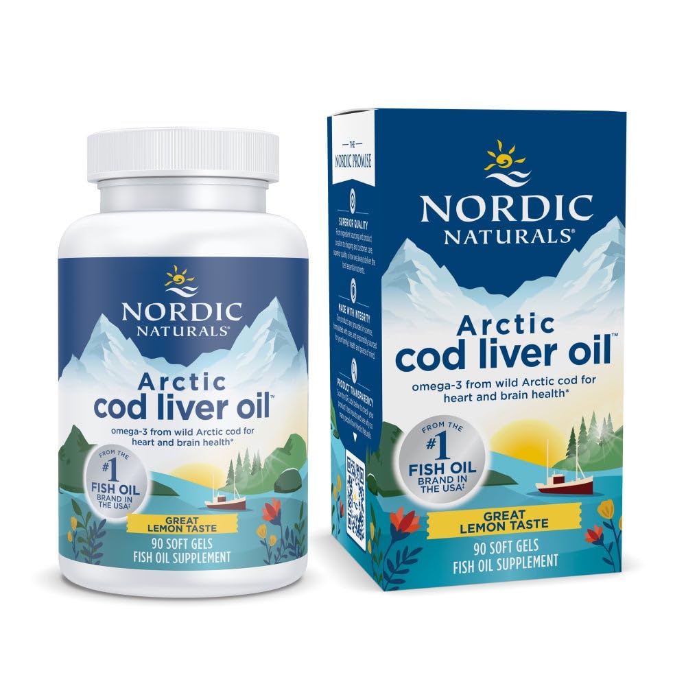 Nordic Naturals Arctic Cod Liver Oil, Lemon - 90 Soft Gels - 750 mg Total Omega- 3 z EPA & DHA - Heart & Brain Health, Zdrowy Immunitet, Ogólny Wellness - Non-GMO - 30 Służenie