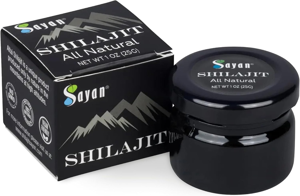 Sayan Pure Shilajit Resin 1oz / 25g, Szkło Słoik, 250 Służenia - Potenne Organiczne Suplement kwasu Fulvic - Wspiera system immunologiczny, Pamięć, Focus i zapewnia naturalną energię, Detox - Wegan, Non-GMO