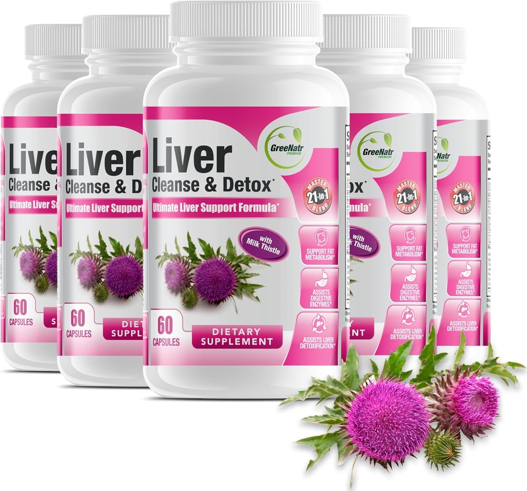 GreeNatr Liver Cleanse Detox & Repair Formula - Mleko Thistle, Berberine, Ginger, Burak Root, Dandelion Root, Artiduck Extract i Chanca Piedra dla optymalnego wsparcia zdrowia wątroby (6 butelek)
