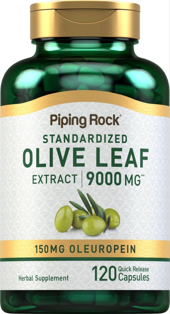 Ekstrakt Piping Rock Olive Leaf Kapsułki 124; 9000mg 124; 120 tabletek 124; 150mg Oleuropeiny 124; Standardowy suplement ziołowy 124; Non-GMO, Gluten Free