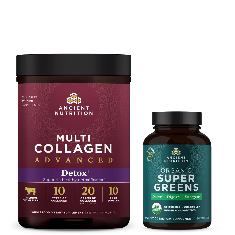 Ancient Nutrition Multi Collagen Advanced Powder Cleanse & Detox, Unflavored, 36 Służenia + Organic Super Zielonych Tablet 90 Count