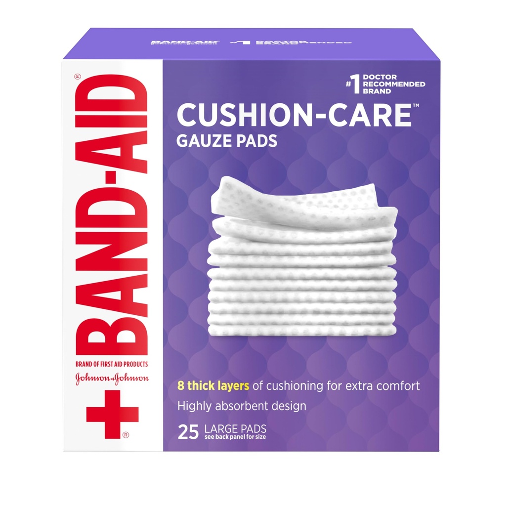 Band- Aid Brand Absorbent Cushion Care Steryle Square Gauze Pads for First Aid Protection of Minor Cuts, Scrapes & Burns, Non-Adhesive, Bound Care Dressing Pads, Duży, 4 w x 4 in, 25