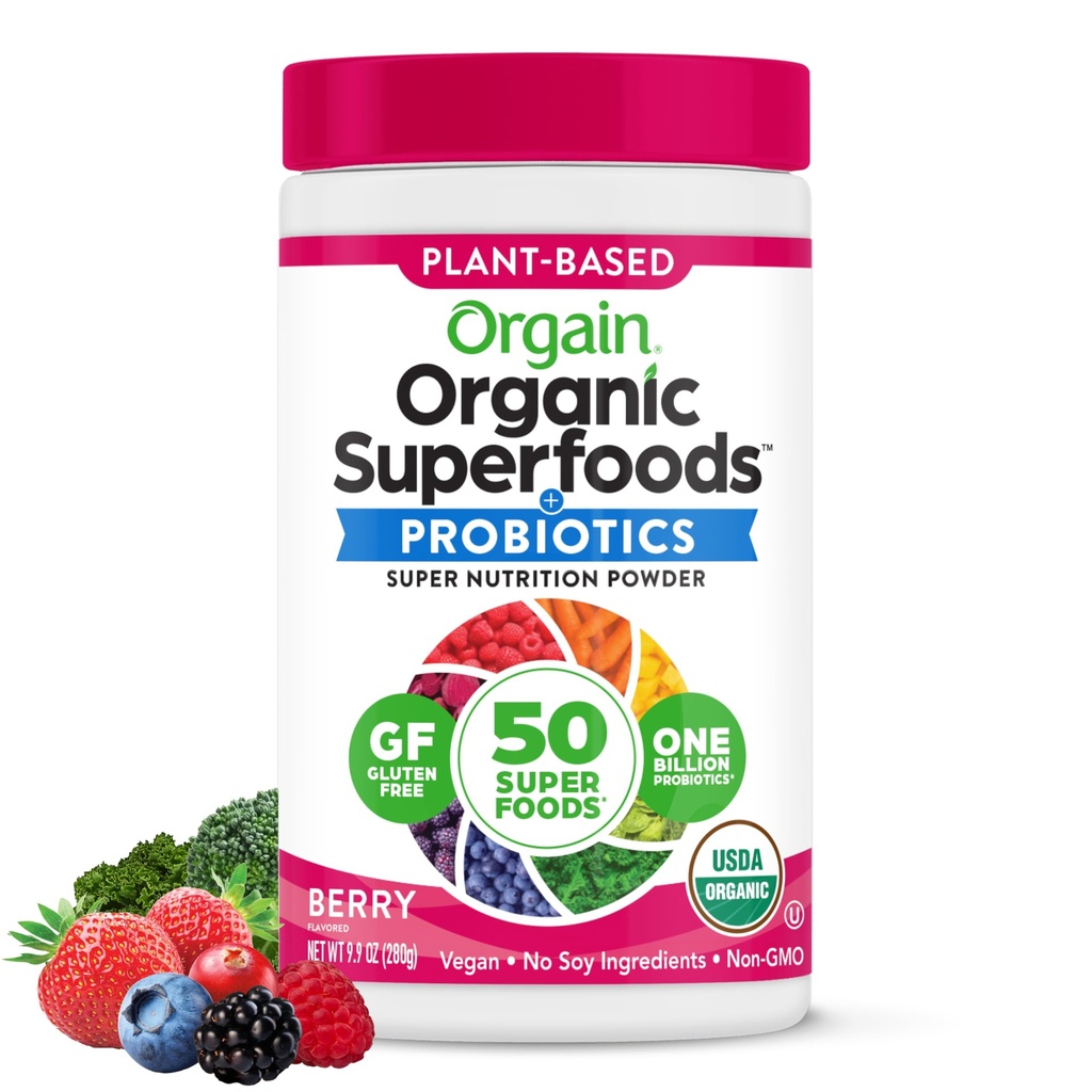 Orgain Organic Greens Powder + 50 Superfoods, Berry - 1 Miliard Probiotyki dla zdrowia trawiennego, Przeciwutleniacze, Wegańskie, Plant- based, Gluten- Free, Non-GMO, Green Juice & Smoothie Drink Mix - 0.62lb