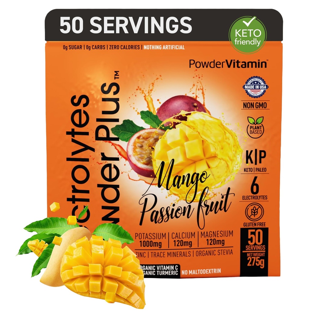 Proszek PowderWitamina Elektrolity Plus (50 Servings) Mango Passionfruit Electrolyte Proszek Zero Calorie Keto, 0 Cukier, Nie Maltodekstryna, 1000mg potasu, 120mg wapnia, 120mg magnezu, Proszek nawadniający