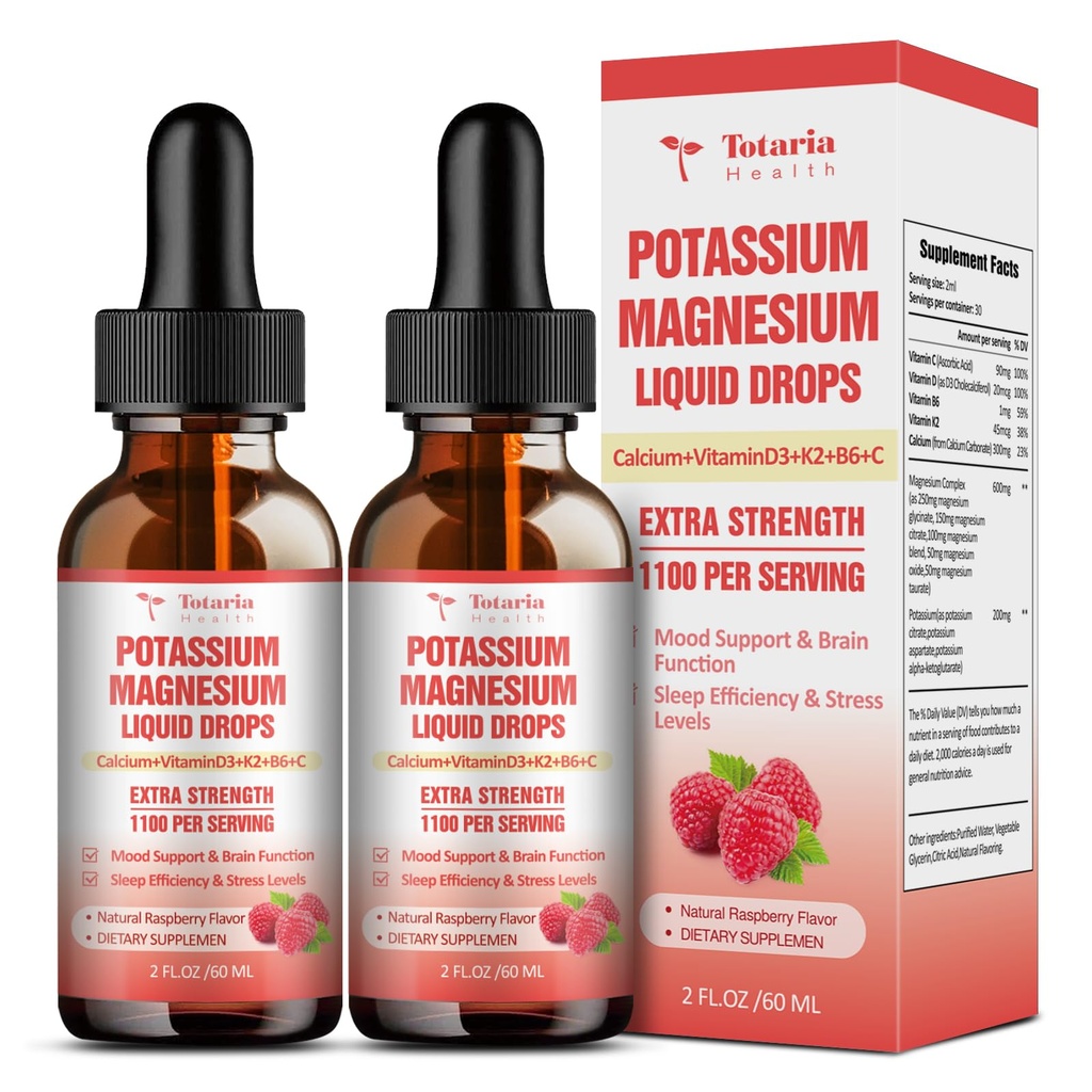 Suplement potasu Magnezu Krople płynne - Wysoka absorpcja Suplement potasu z magnezu, Wapń, Witamina D3 K2, Wegan, Nie-GMO Potasio Wsparcie Krampy nogi, Kości, Mięśnie - 4 Fl oz