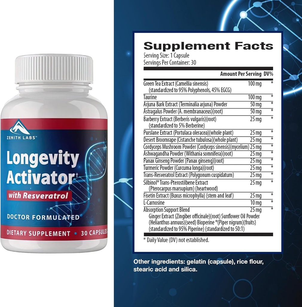 Zenith Labs Longevity Activator Anti- Aging Suplement diety, Naturalne przeciwutleniacze z resweratrolem - Wspiera funkcje immunologiczne i zdrową pamięć, 3 Pack