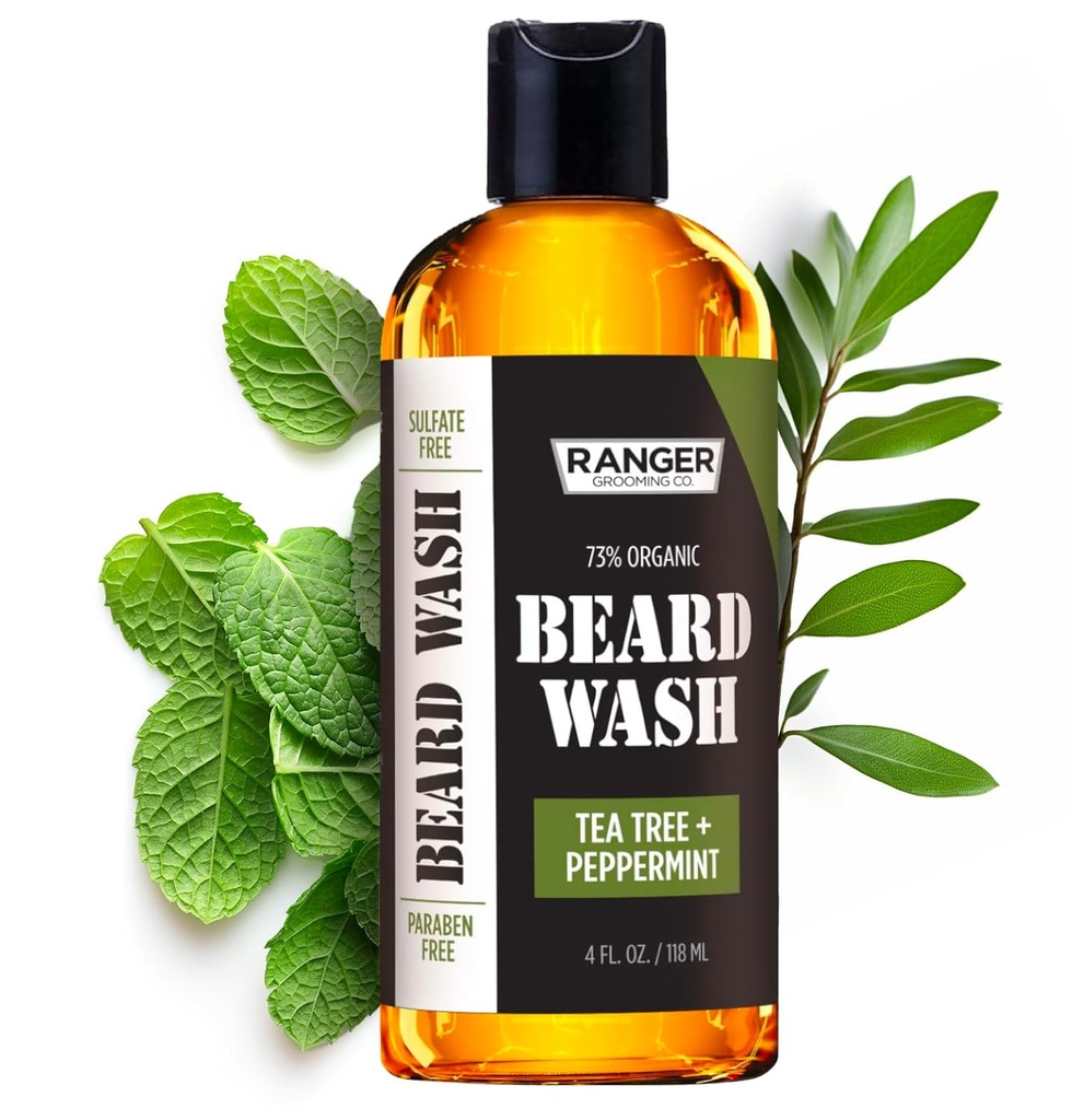 Leven Rose Beard Wash Shampoo przez Ranger Grooming Co, siarczan wolny naturalny Beard Cleanser & Conditioner dla mężczyzn, Tea Tree & Peppermint dla wzrostu & Tickening, Paraben Free 4 oz